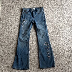 Abercrombie Kids Flower Embroidered Blue High Rise Flare Jeans